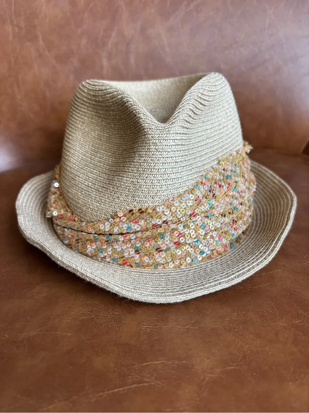 Eugenia Kim Courtney Sequin Rainbow Band Ruched Toyo Straw Fedora Hat OS